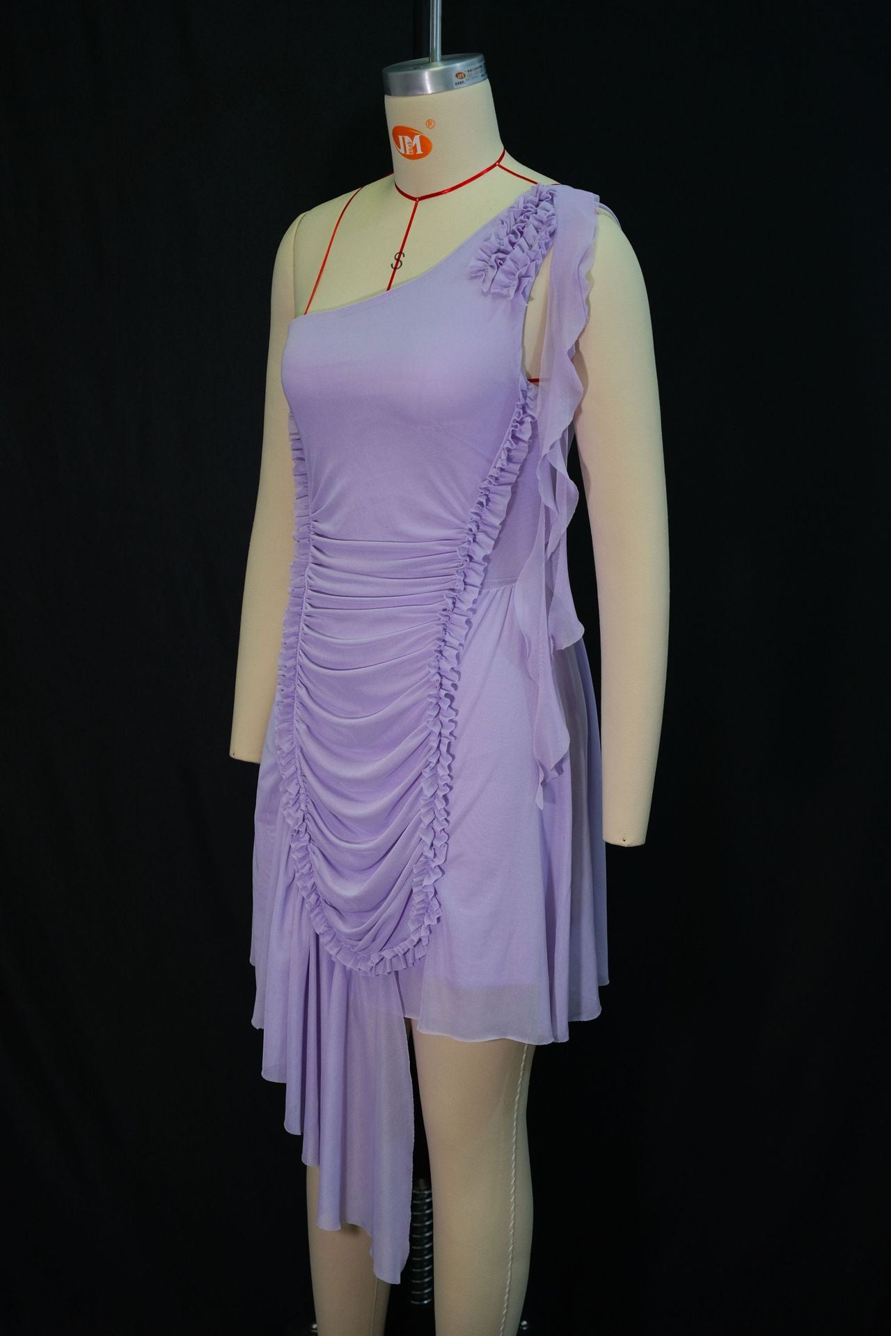 Women's Autumn Fashion One Shoulder Ruffle Hem Asymmetrical Solid Color Dress 9