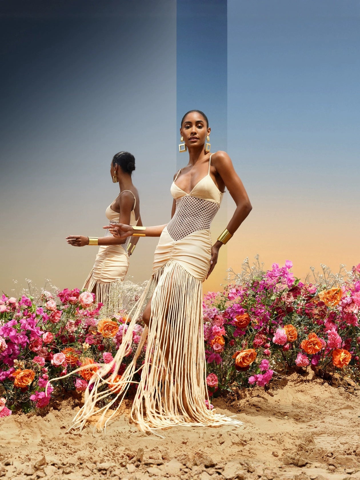 Spring Summer Fashion Strappy Mesh Open Waist Sexy Pleated Bodycon Fringe Dress 4