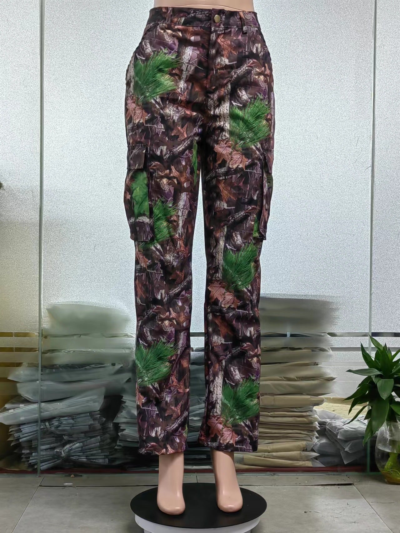 Women Autumn and Winter Leaf Print Straight Pockets Cargo Pants 6