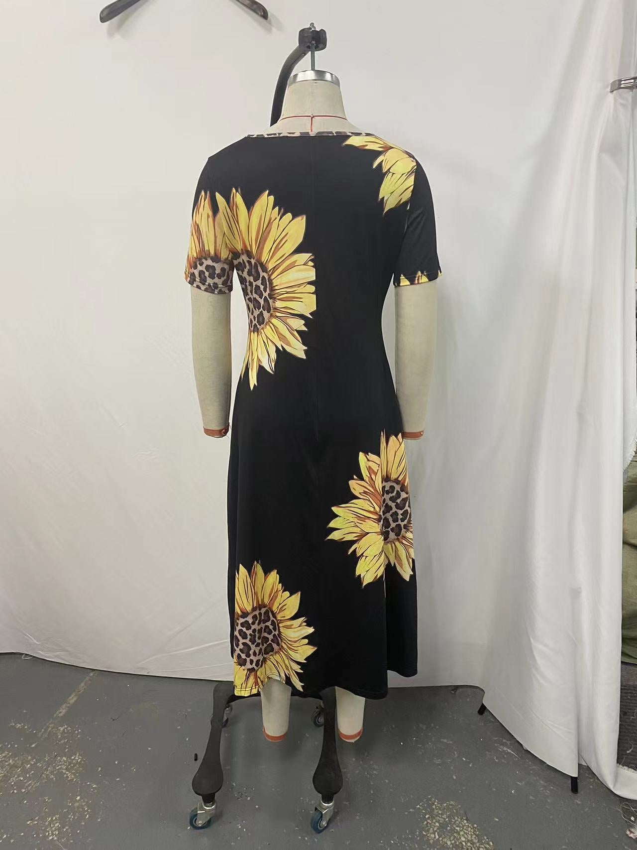 Sunflower Print Loose Short Sleeve Summer Long Dress 15