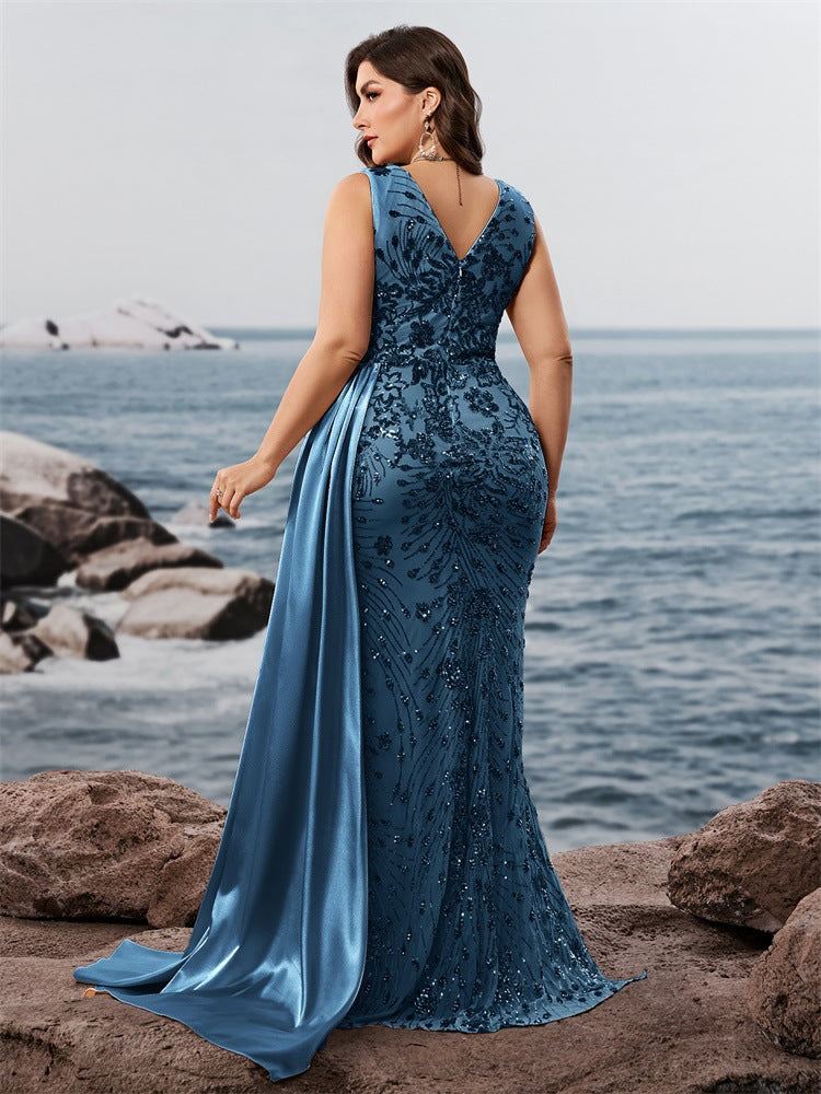 Plus Size Elegant Sequins Patchwork Fitted V-Neck Short Sleeve Cocktail Dress Bridesmaid Gown 3