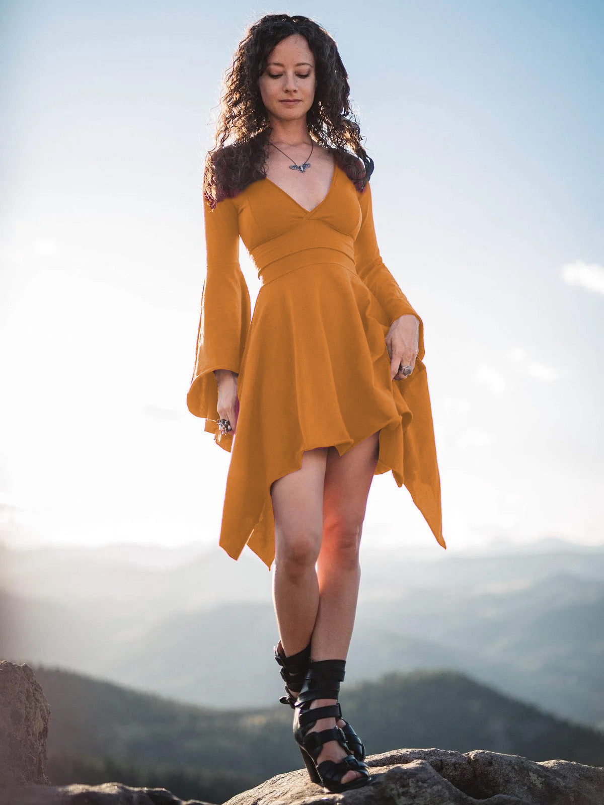 Women's Sexy Deep V Slim Ruffle Sleeve Irregular Dress 25