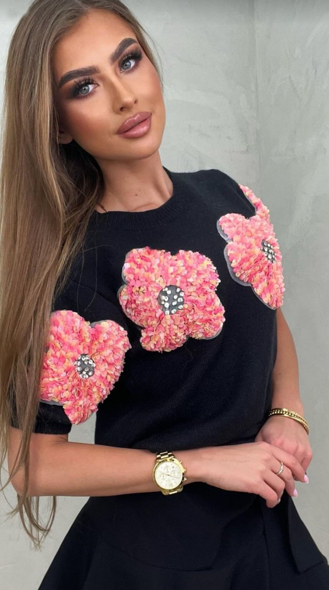 Women Contrast Color Flower Round Neck short-sleeved Top
