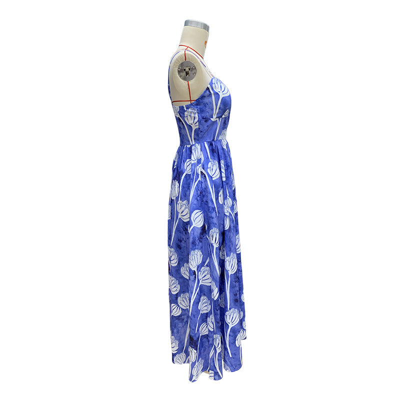 Spring Summer Women's Fashion Sexy Printed Slim Waist Strap Maxi Dress 6