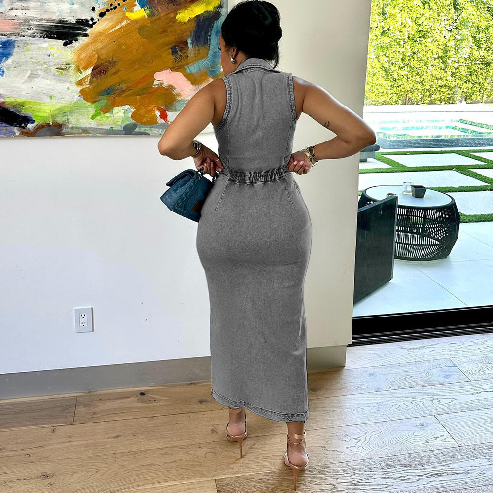 Women's Autumn Winter Fashion Single Breasted Sleeveless Halter Neck Stretch Long Dress