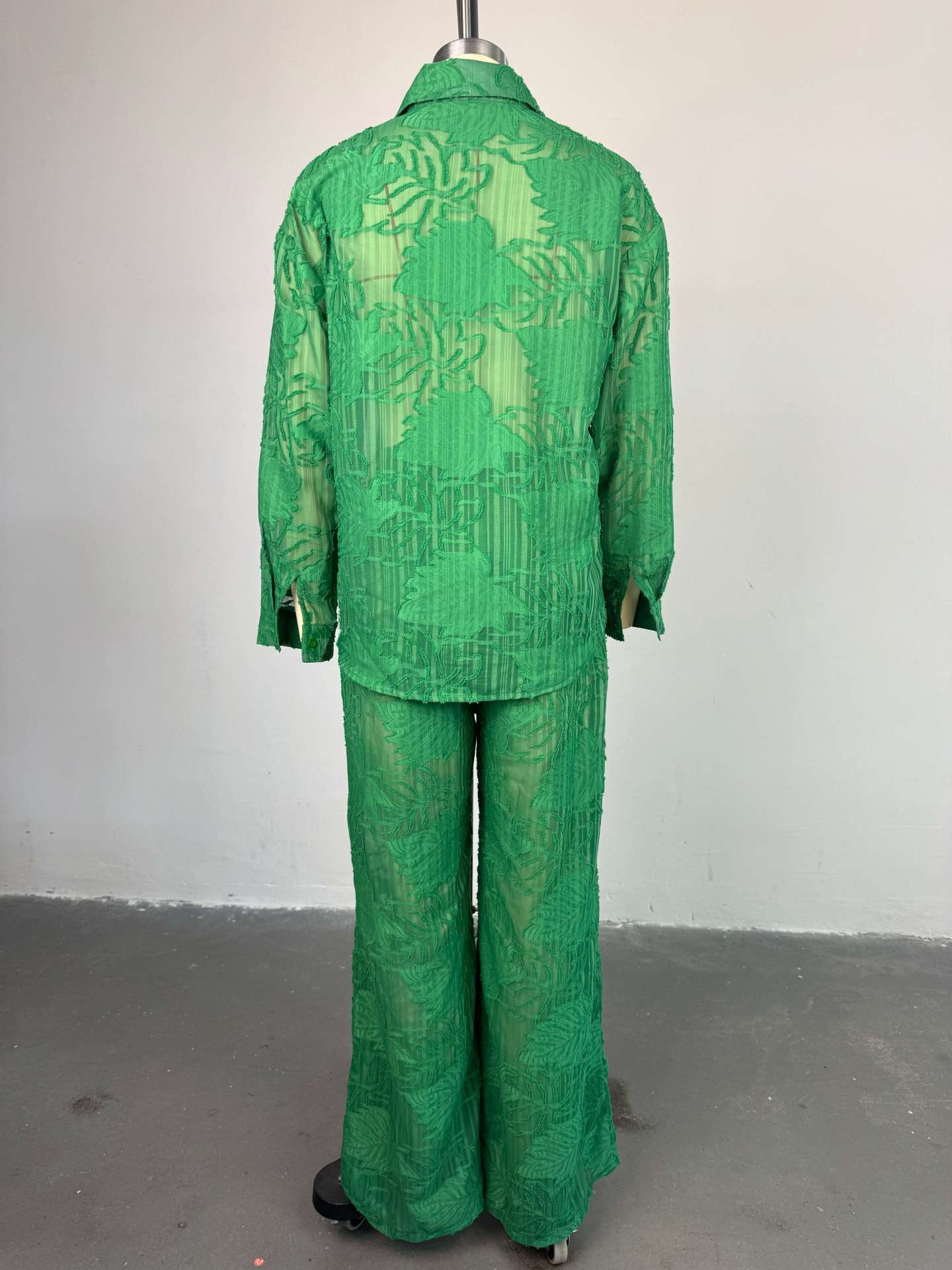 Women Summer Turndown Collar Patch Pocket Long Sleeve Shirt and Straight PantsTwo Piece Set 11