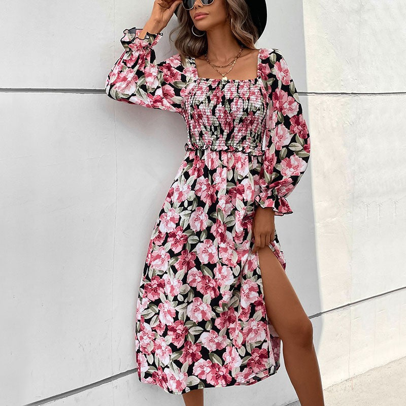 Autumn French Women's Low Back Long Sleeve Square Neck Foral Printed Slit Dress 7