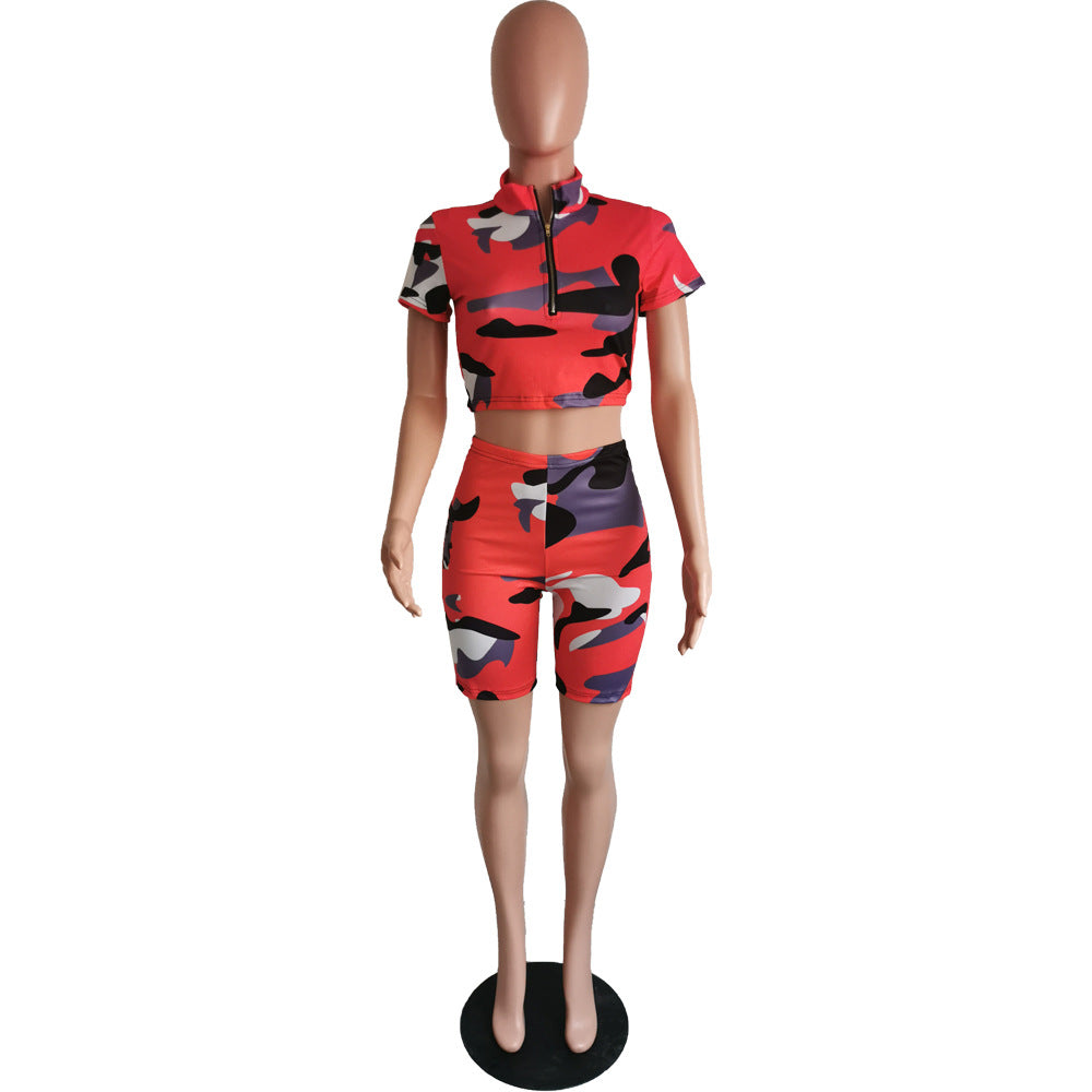 Women's Sexy Camouflage Short Sleeve Zipper High Waist Two-Piece Set 18