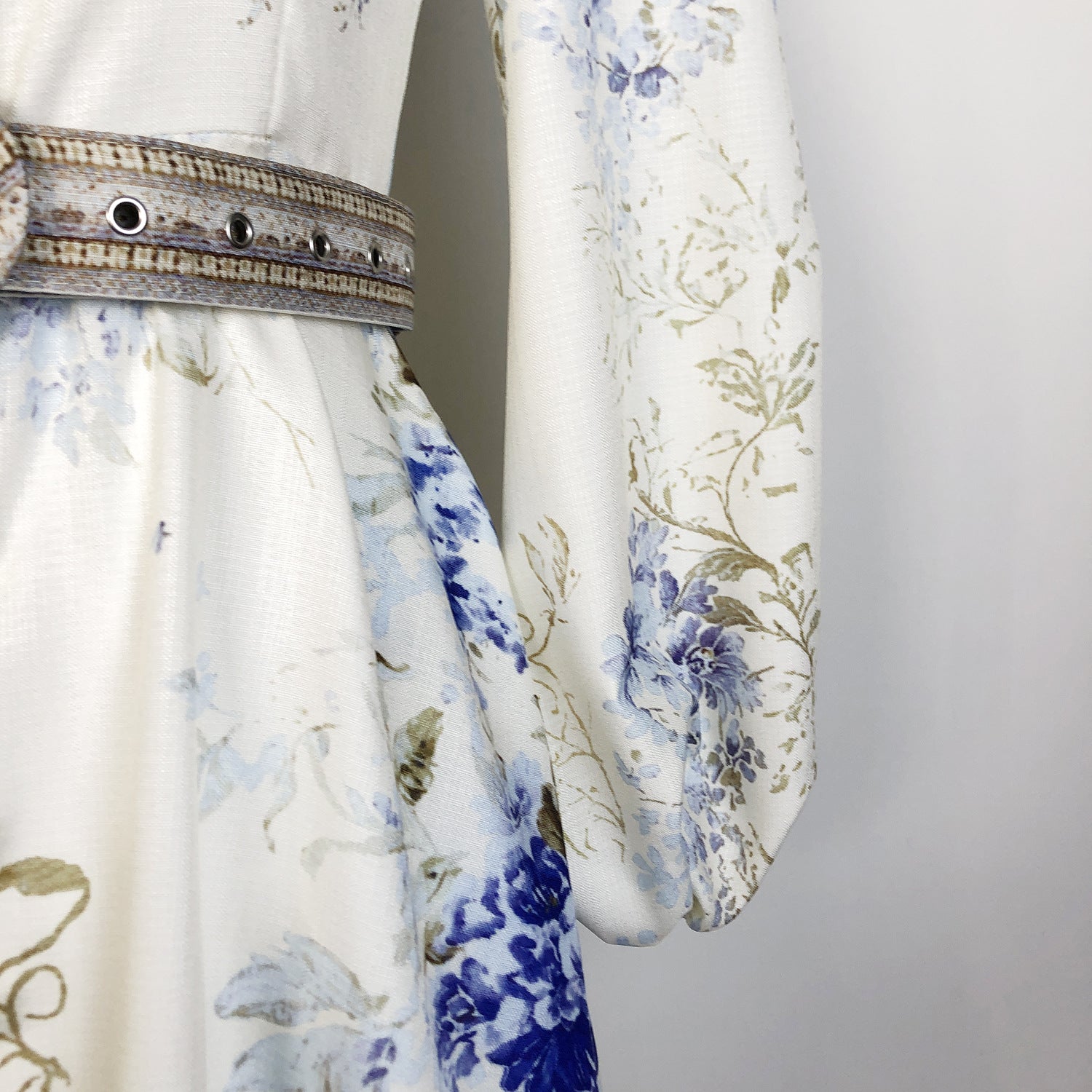 Elegant Print Row Jewelry Button Floral Lantern Sleeve Midi Dress with Belt 30