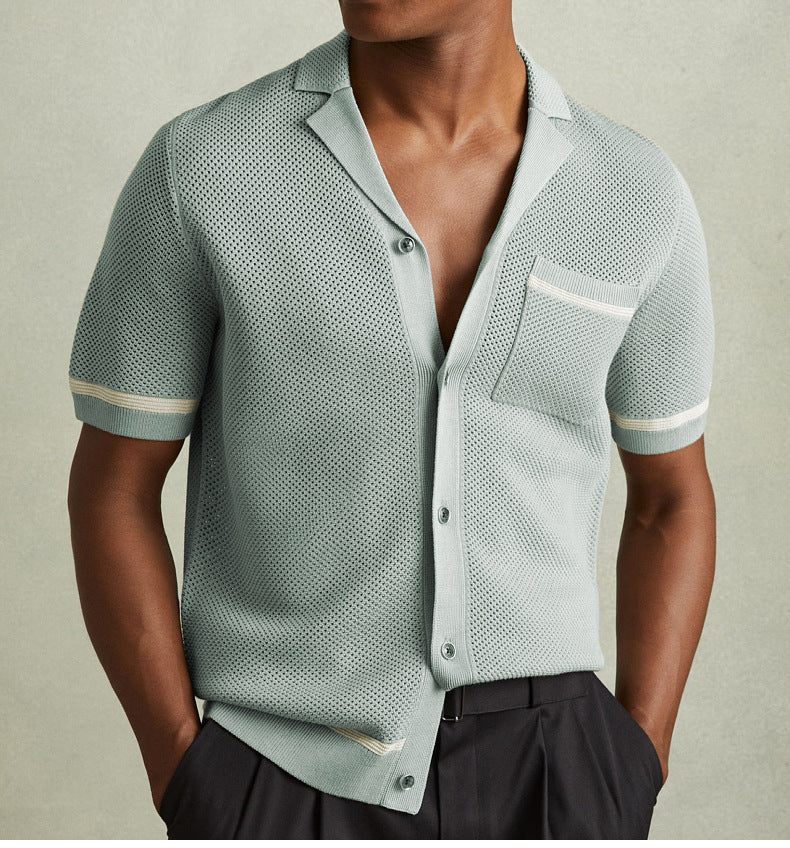 Sexy Hollow-Out Men’s Knitted Shirt Summer Turndown Collar Short Sleeve Polo Shirt