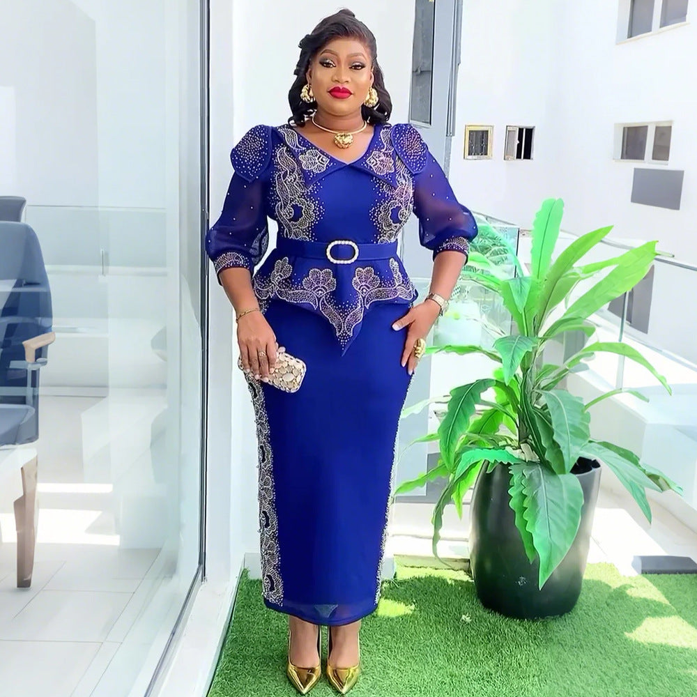 Plus Size African Women beaded party dress 5