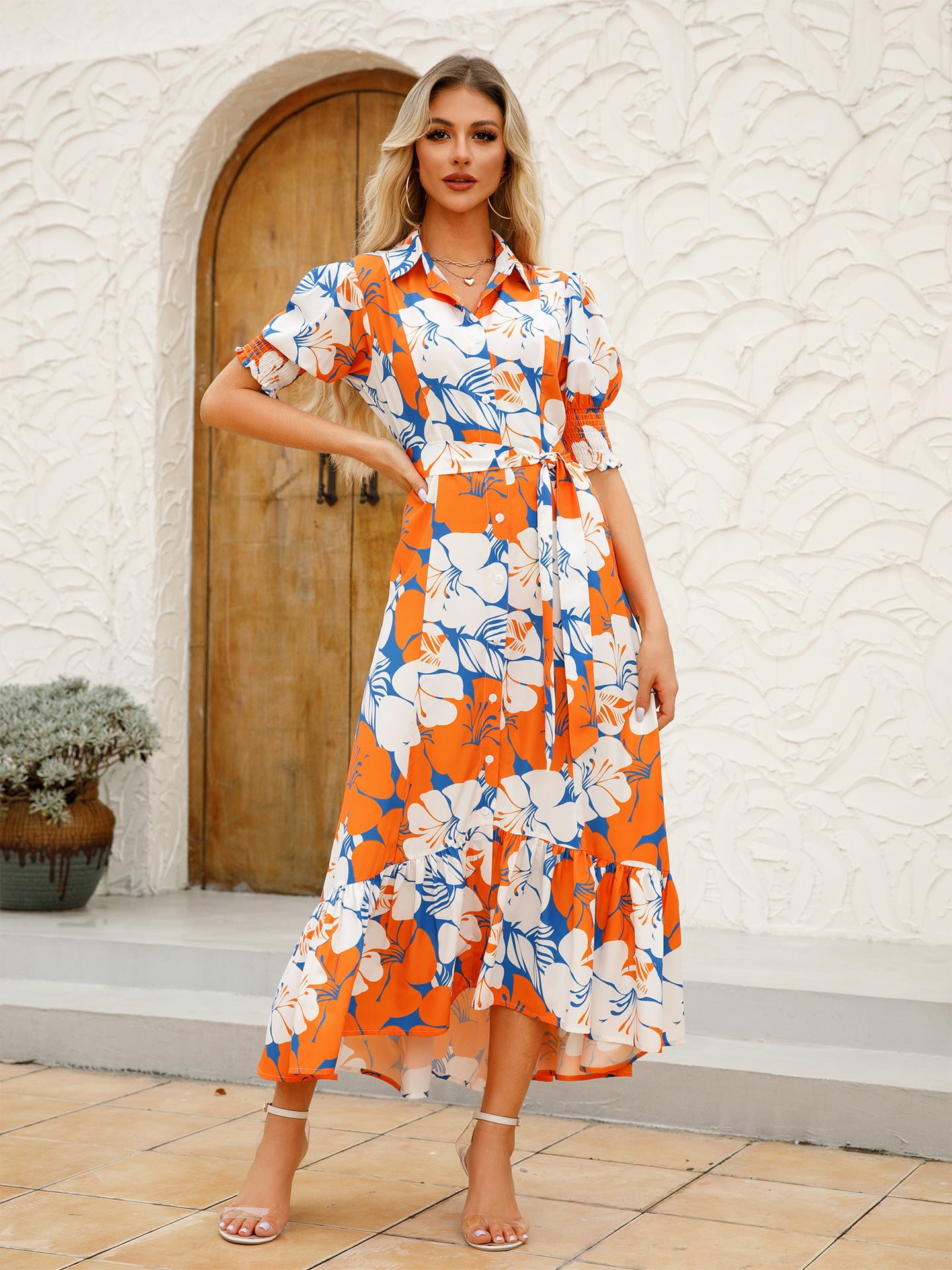Women's Summer Print Turndown Collar Belt Slim Waist Long Dress