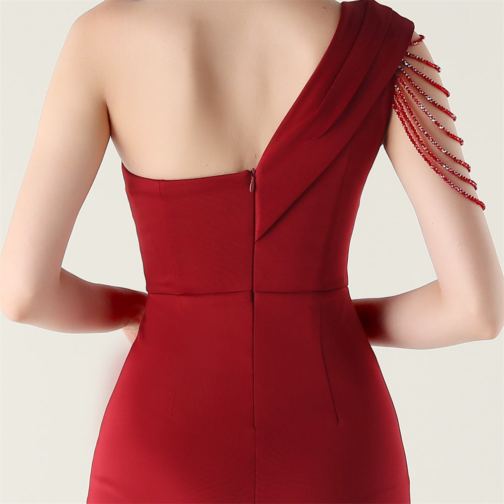 Women sexy and elegant evening beaded one-shoulder slit evening dress 28