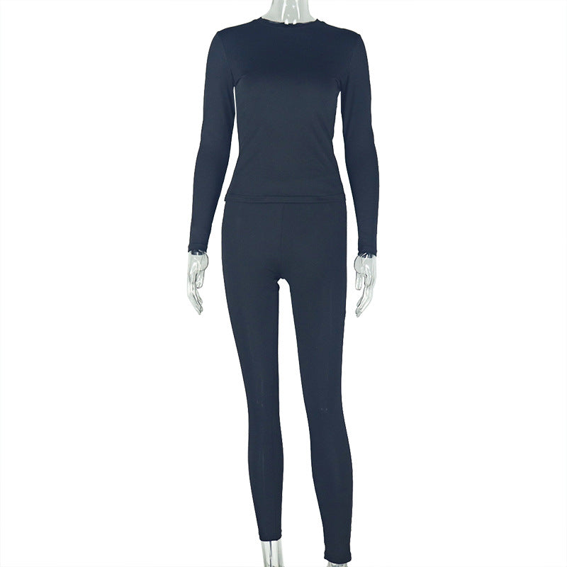 Women Pleated Solid Round Neck Top and Long Pants Casual Two Piece Set 6