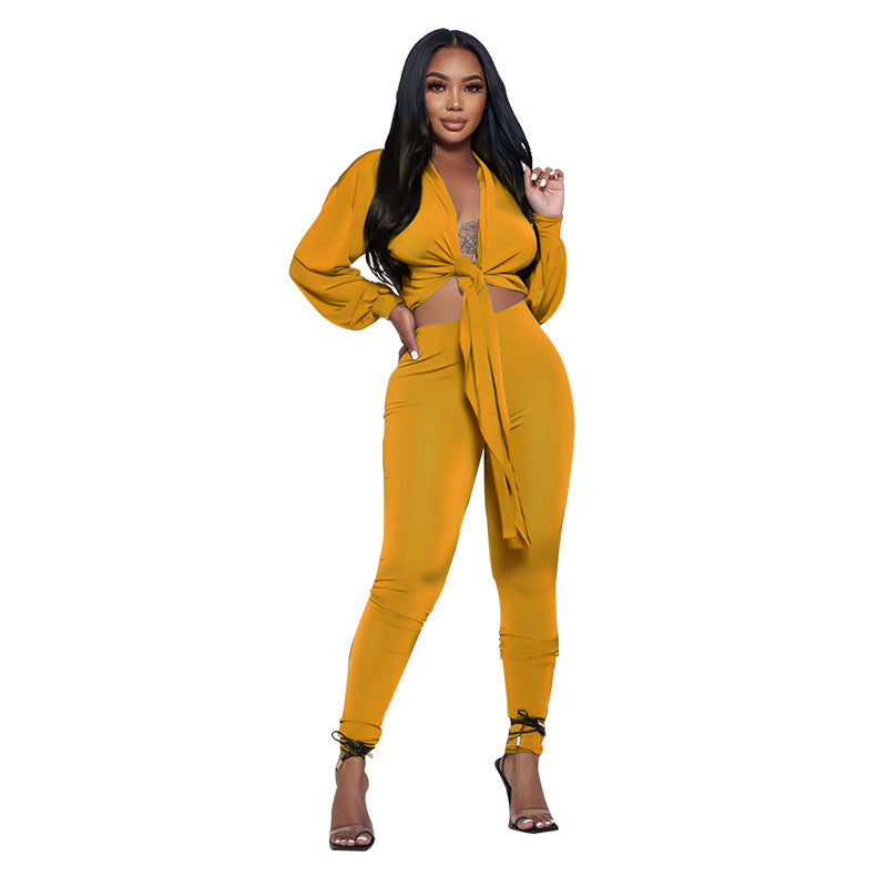 Solid Color Tie Knot Long Sleeve Women'S Two Piece Fashion Casual Tight Fitting Pants Set