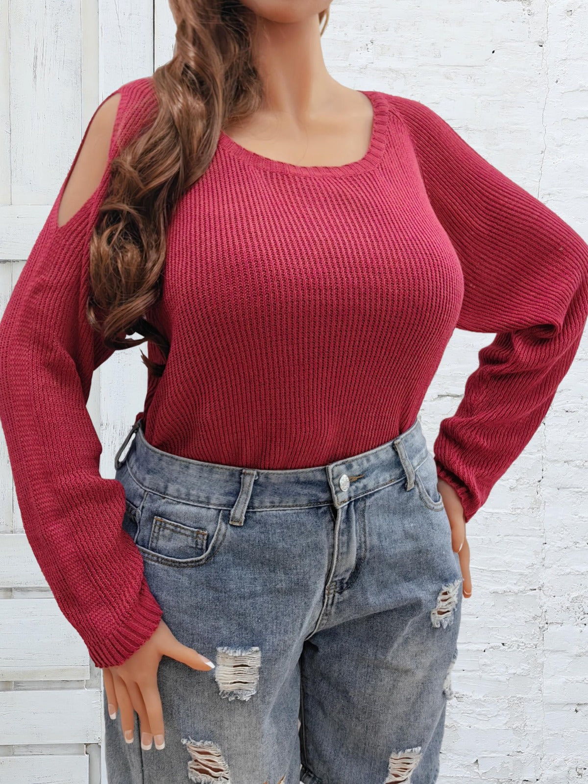 Plus Size Women Off-Shoulder Basic Round Neck Sweater