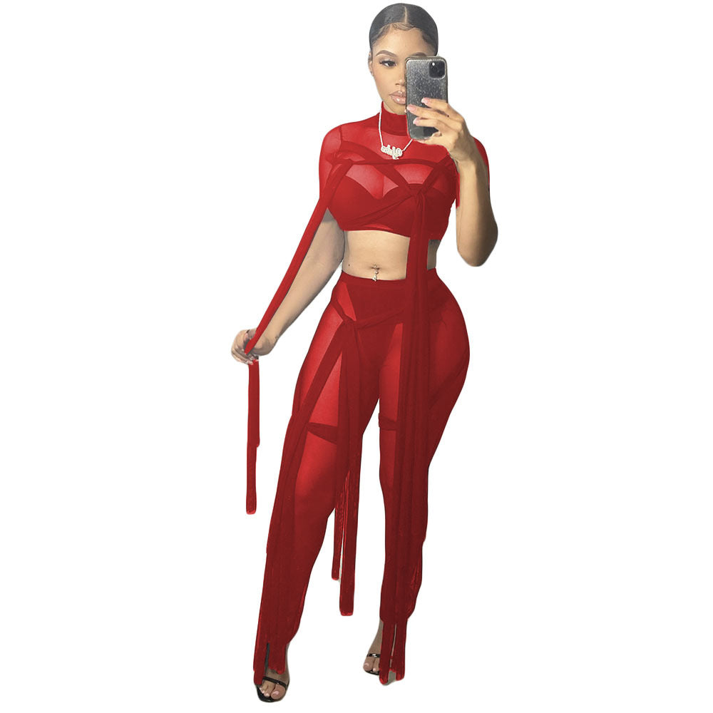 Women's Sexy Mesh See-Through Lace-Up Solid Color Short Sleeve Two-Piece Pants Set 7