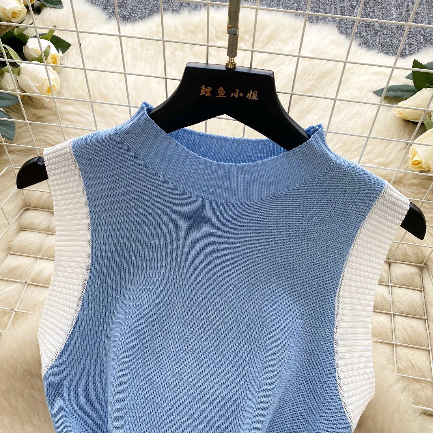 Women's Summer Sleeveless Knitting Slim Waist Contrast Color Pleated Dress 19