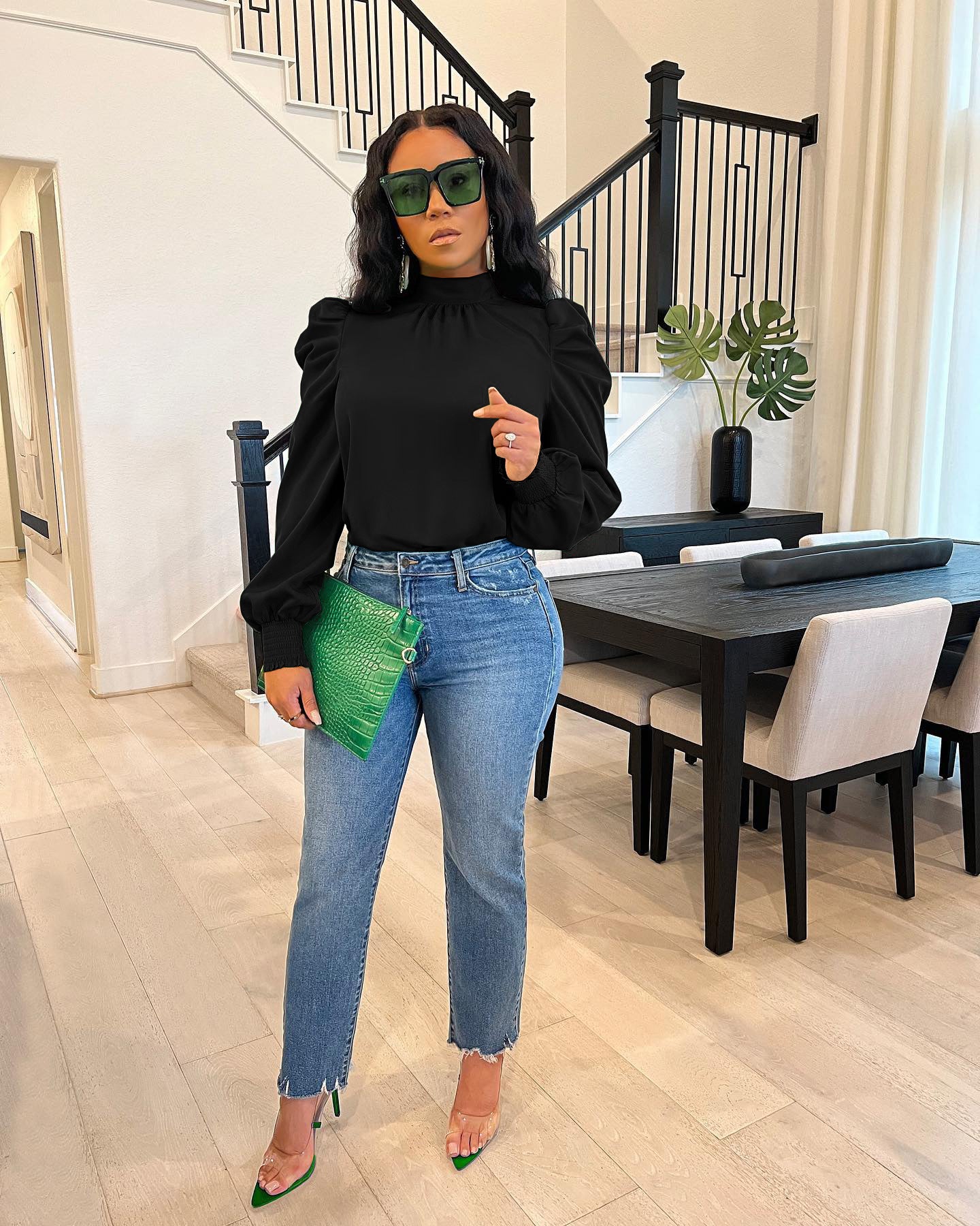 Women Solid Stand Collar Puffed Sleeve Top 8