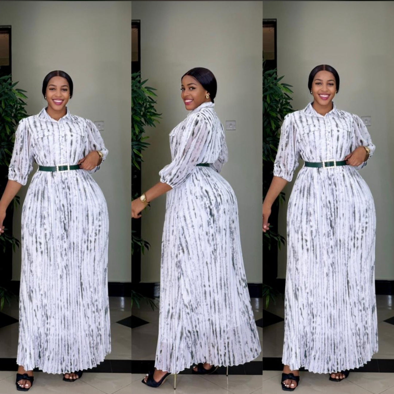 African Women Printed Turndown Collar Long Sleeve Chiffon Dress with Belt 9