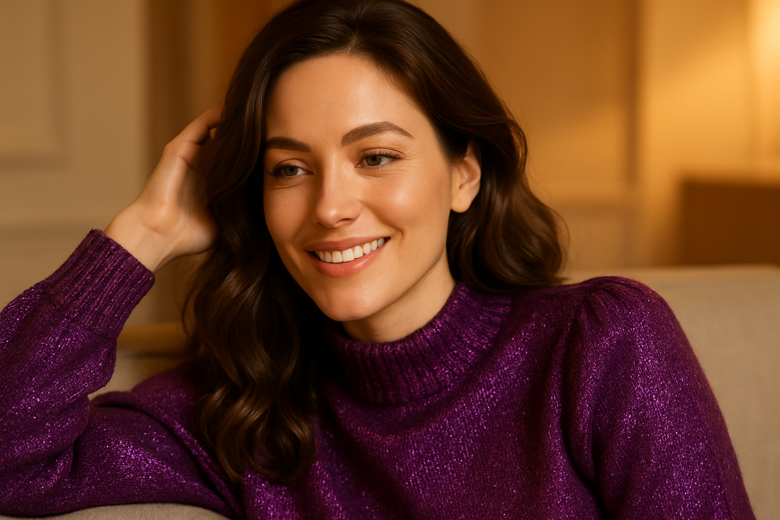 Beautiful lady relaxing in a nice purple shiny luxury sweater, smiling at the something at close range. 