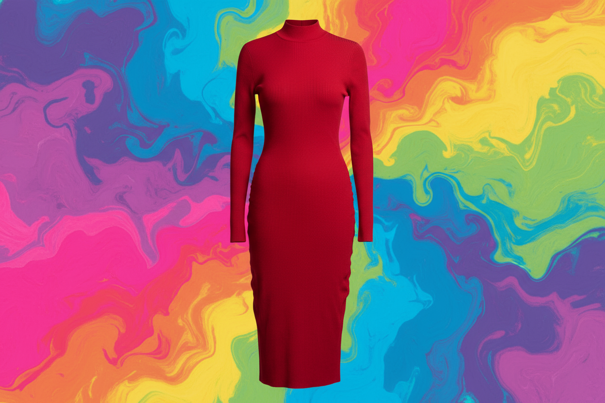 beautiful trendy red midi bodycon dress on multicolored background