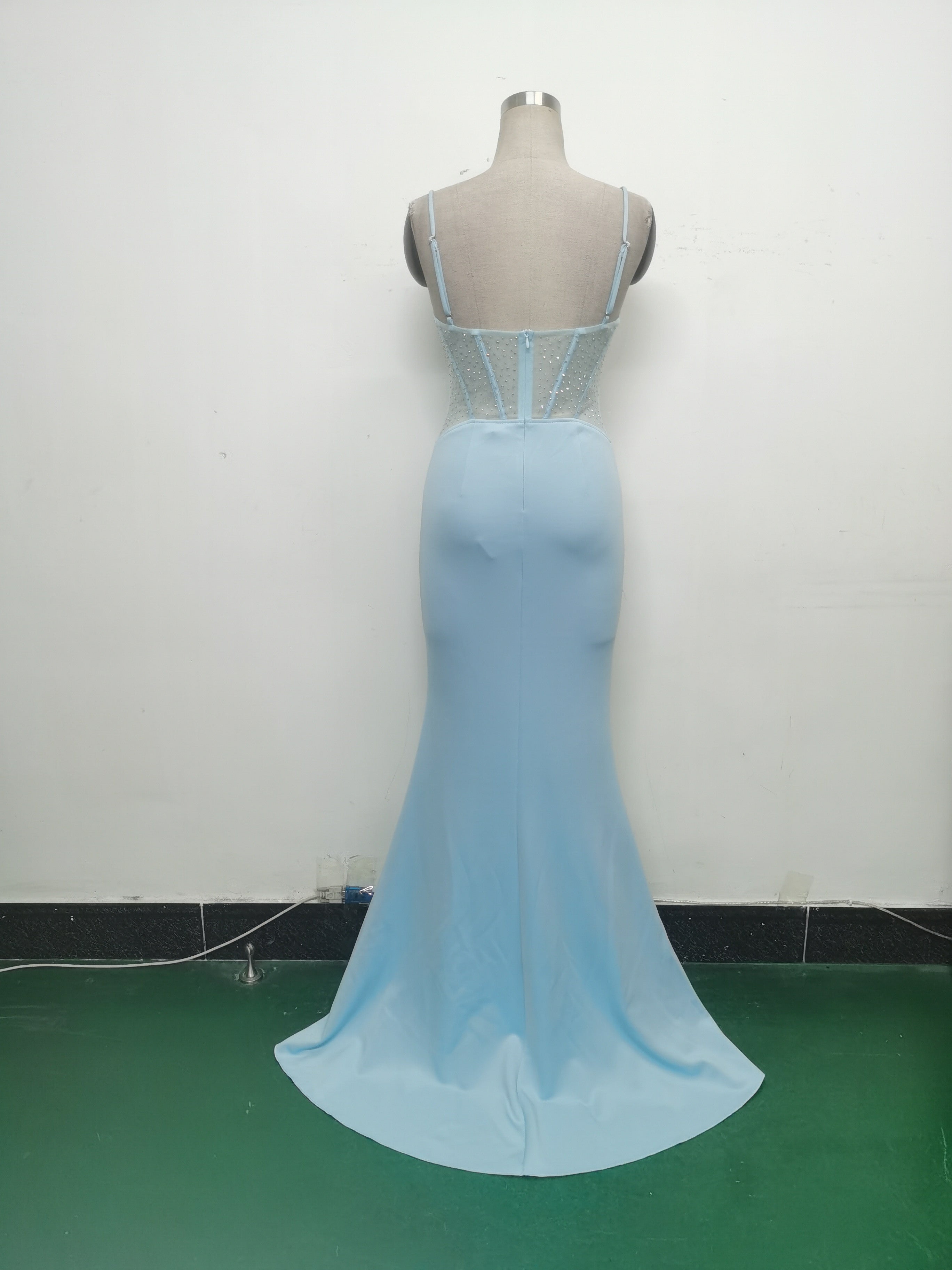 Women fishbone Fitted Mesh Beaded Bodycon fishtail evening dress 33