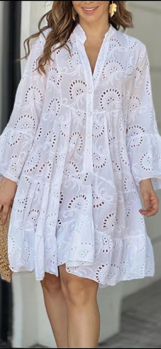 Spring And Summer Solid Color V-Neck Loose Embroidered Hollow Lace Dress 3