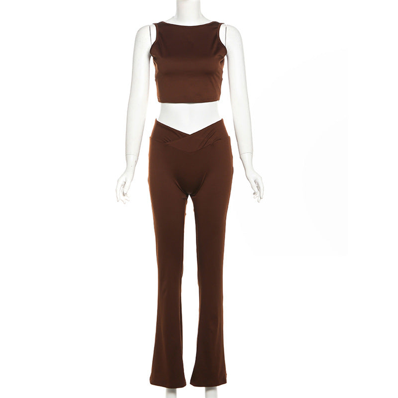 Autumn Winter Sexy Crop Short Vest Solid Color High Waist Flared Trousers Two Piece Set For Women 8