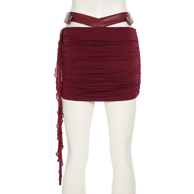 Slim Waist Lace-Up Strapless Top Leather Hollow Bodycon Skirt Two Piece Set 17