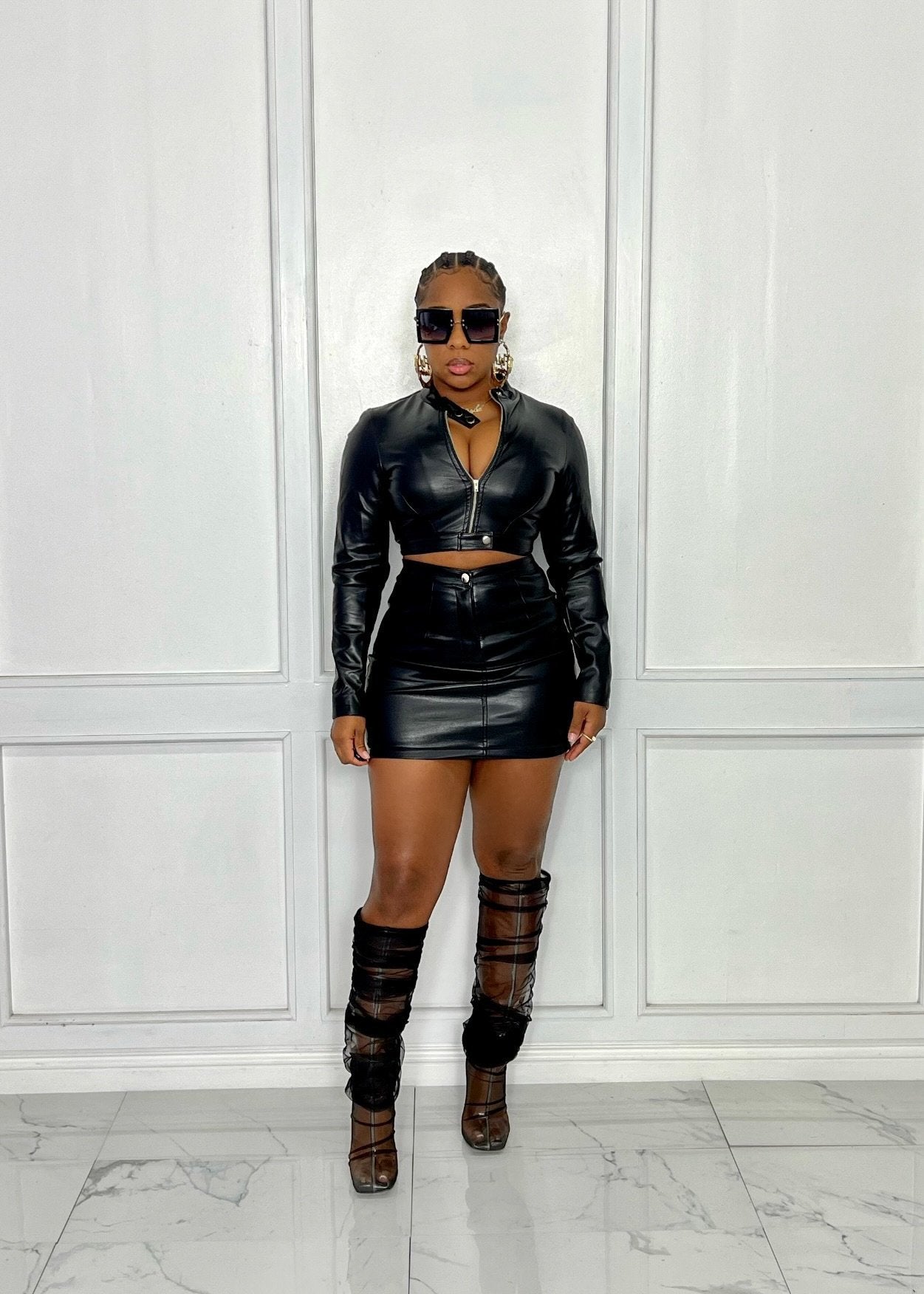 Women Casual pu Leather Zipper Top and Skirt Two-Piece Set 3