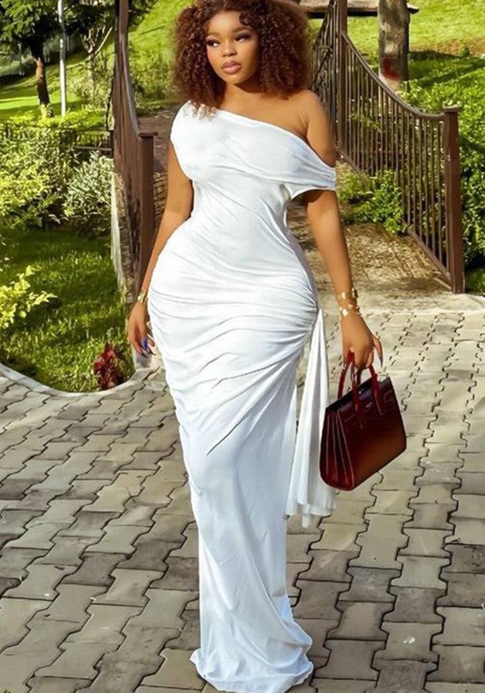 Women's Solid Color Slash Shoulder Casual Ribbon Long Dress