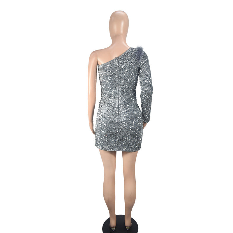 Women's Fashionable Sexy Slim One Shoulder Sequined Evening Dress 19