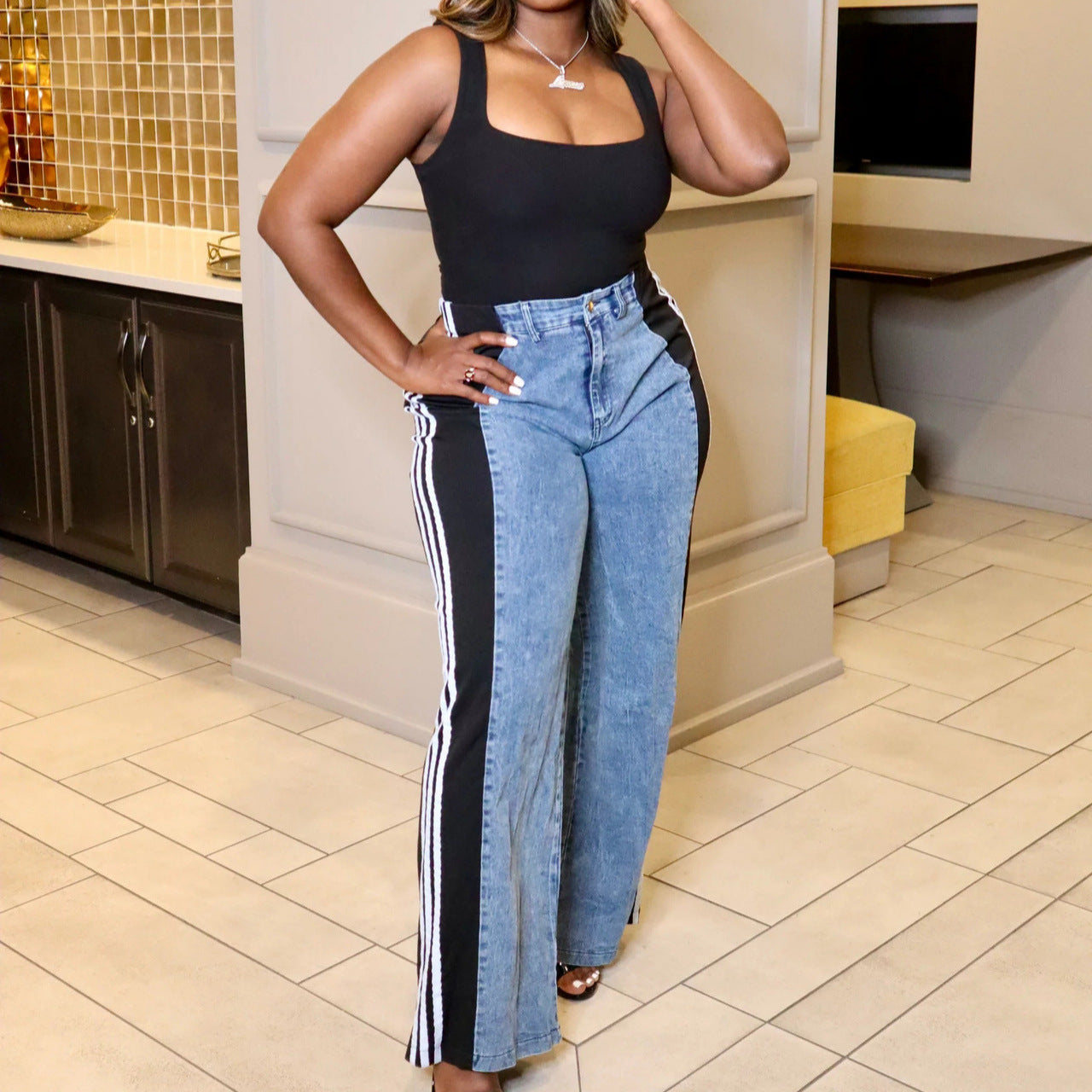 Summer fashion patchwork striped wide leg casual straight pants denim trousers 7