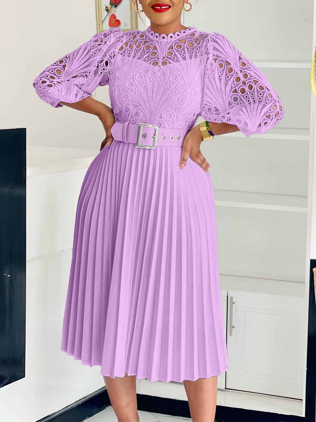 Women Solid lace hook flower hollow pleated dress 6