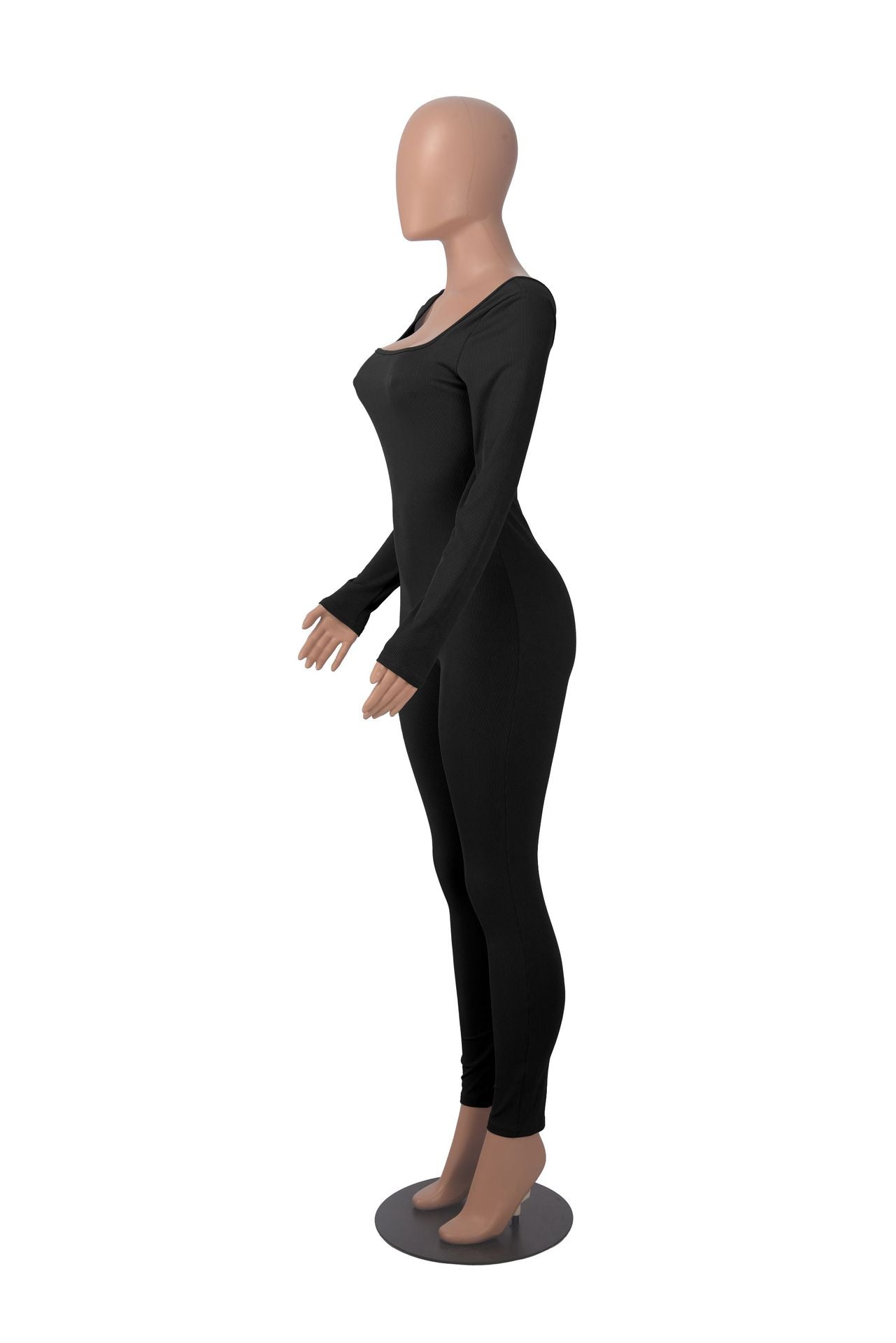 Women's Solid Color Long Sleeve Ribbed Square Neck Low Back Butt Lift Slim Athletic Jumpsuit 29