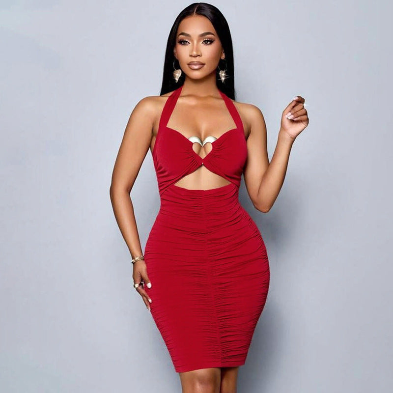 Women’s Heart Print Metal Embellished Halter Neck Low Back Cutout Bodycon Mini Dress 5