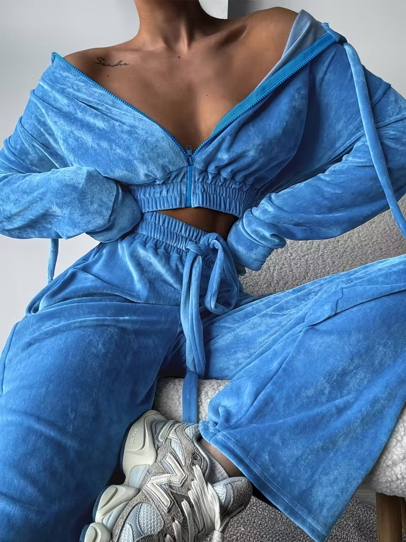 Women Sporty Casual Hooded Zipper Top and Pant Two-Piece Set 4