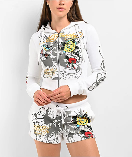 Women's Spring/Summer Print Fashion Casual Hooded Zip Long Sleeve Hooded Sports Two Piece Shorts Set