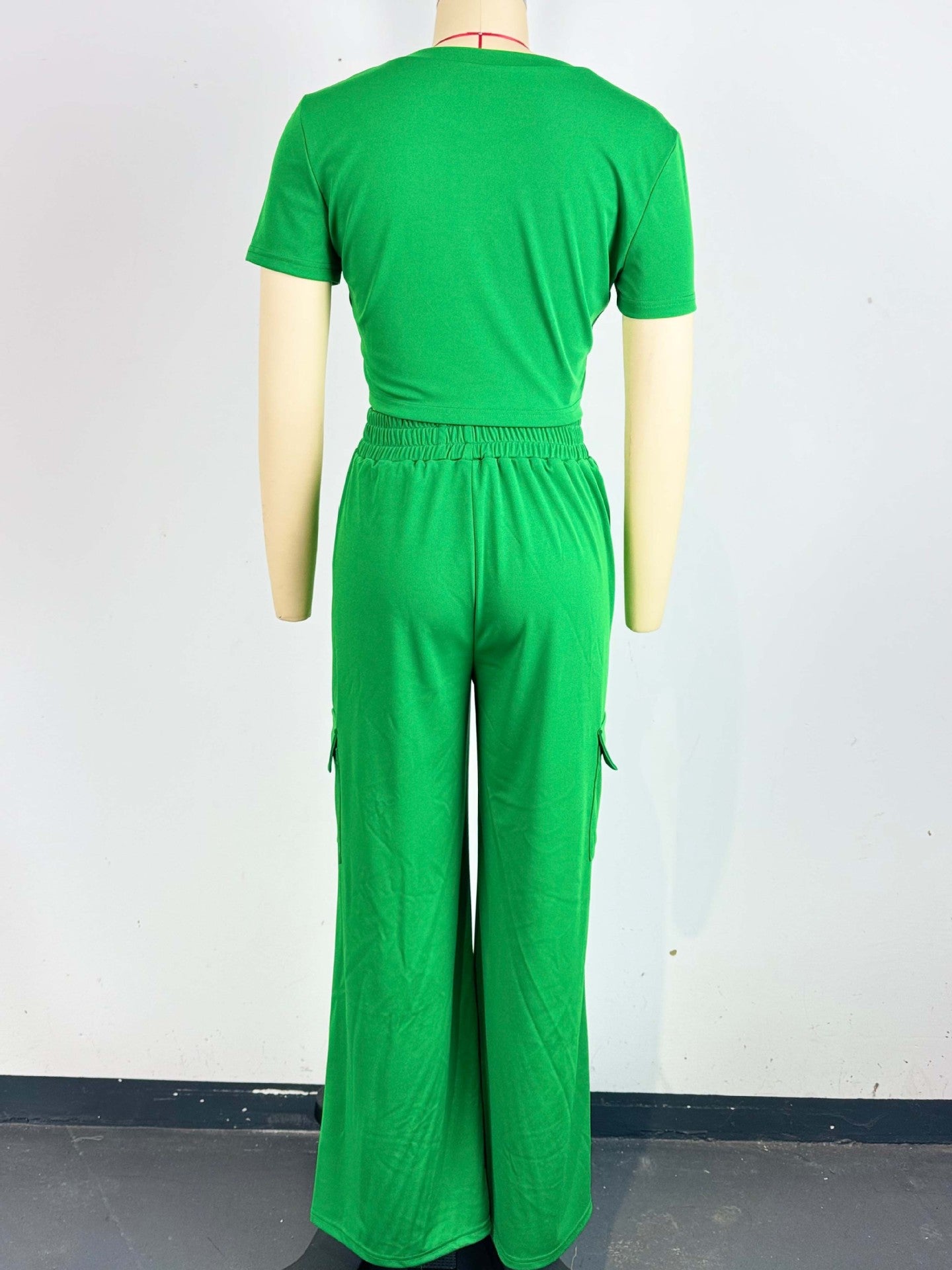 Women Casual Short Sleeve Top And Loose Cargo Wide Leg Pants Two-piece Set 10