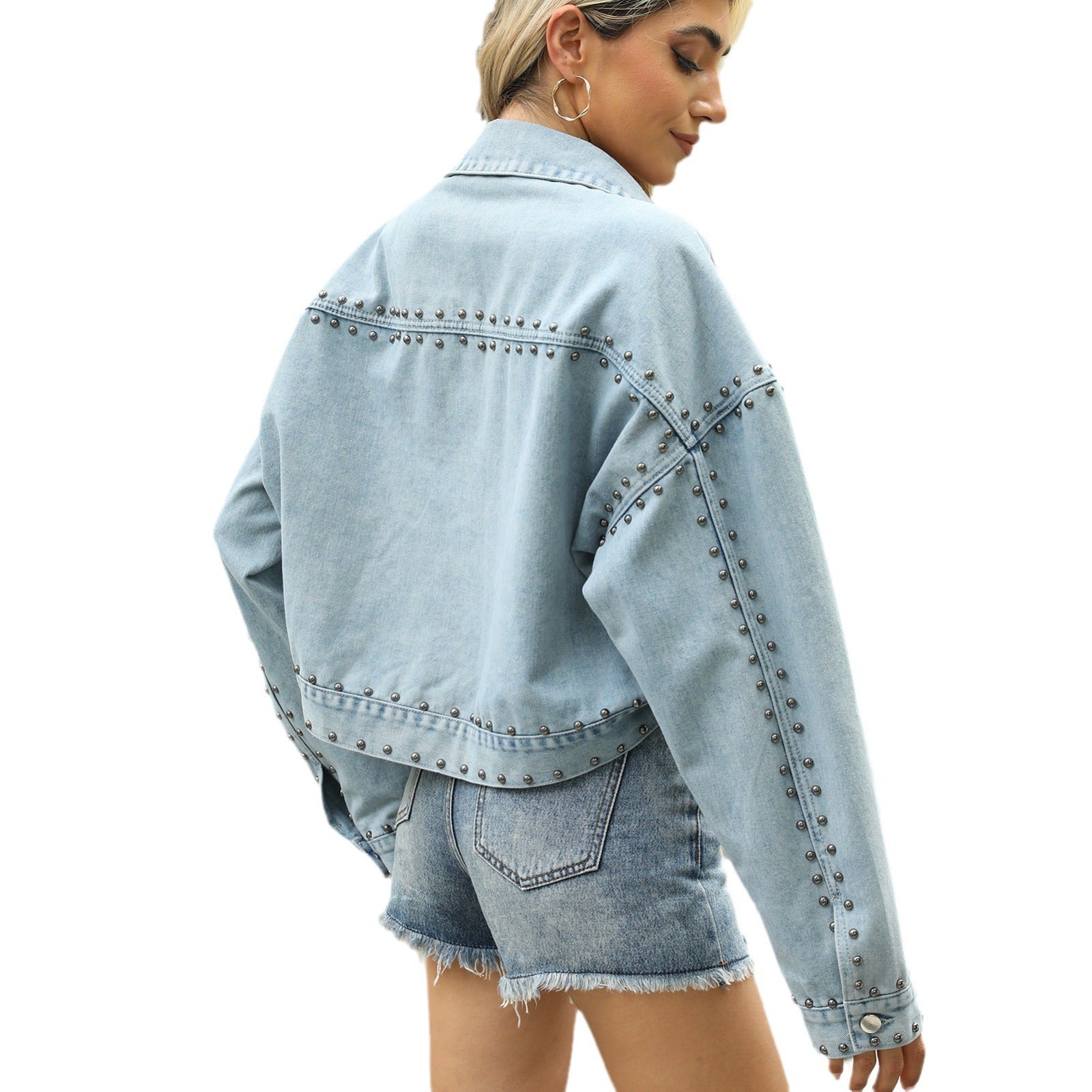 Women's Loose Long-Sleeved Rivet Denim Jacket Tops 7