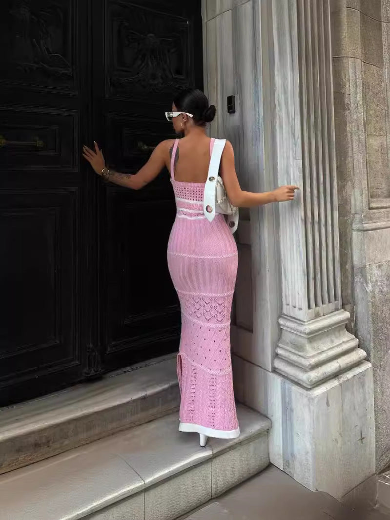 Sexy Contrasting Colors U-Neck Straps Woolen Dress 5