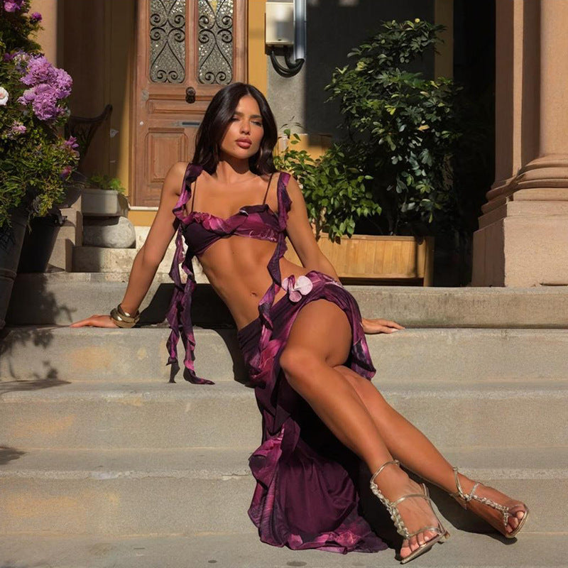 Street-Style Holiday Ruffled Print Two Piece Set Summer Sexy Slit Skirt Set 5