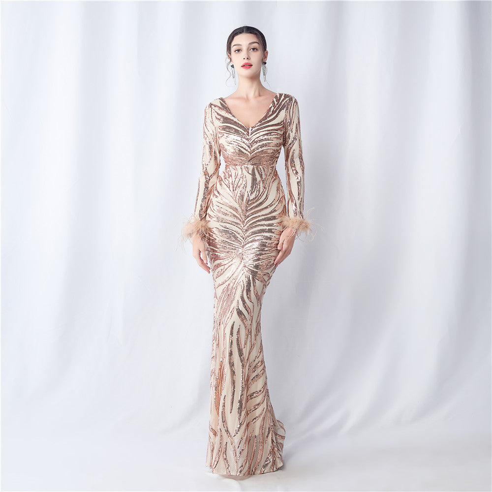 V-Neck Feather Long-Sleeved Sequined Evening Dress 6