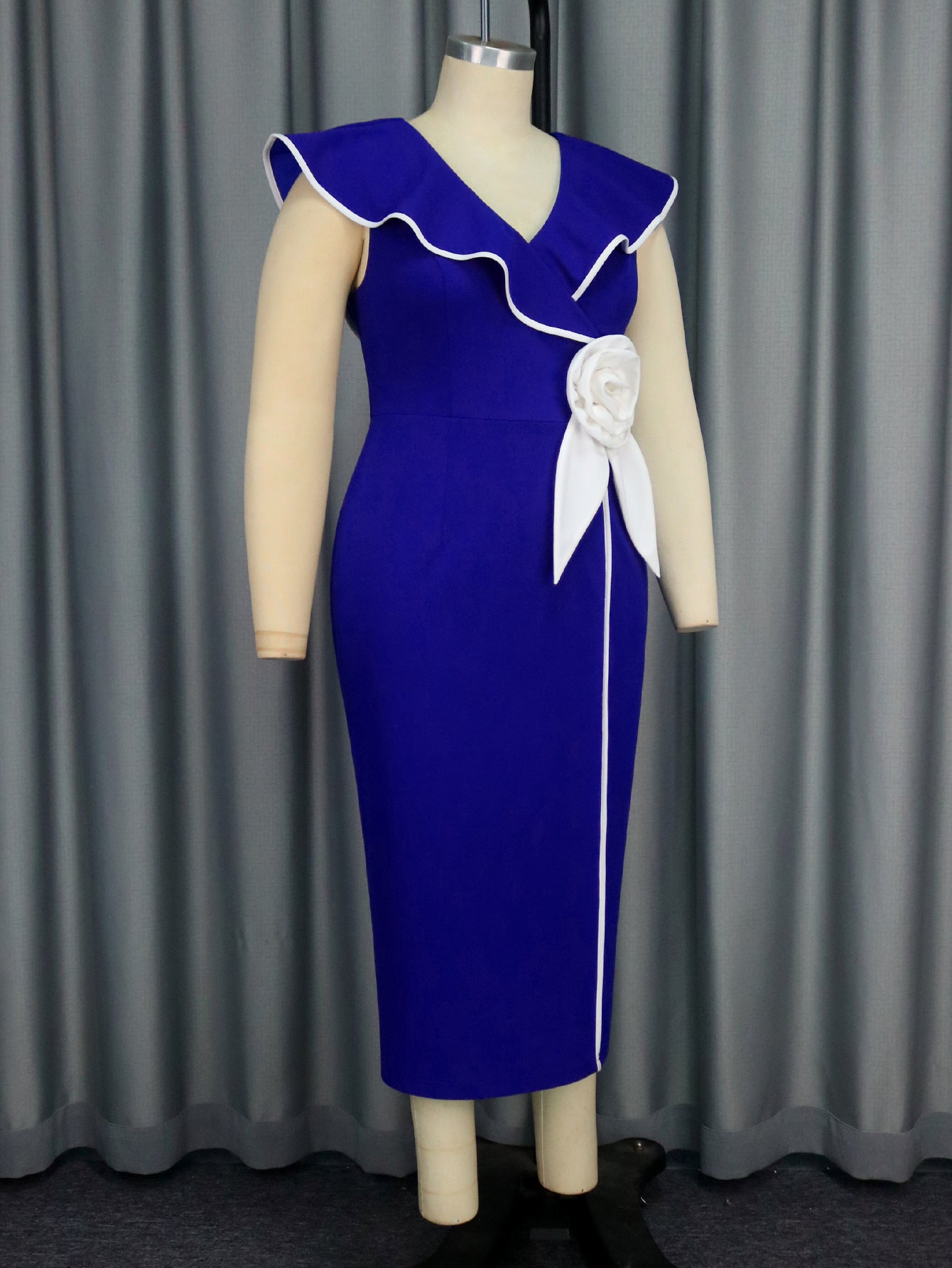 Plus-Size Contrast Flower Ruffle Sleeve Elegant Chic Formal Party Dress 8