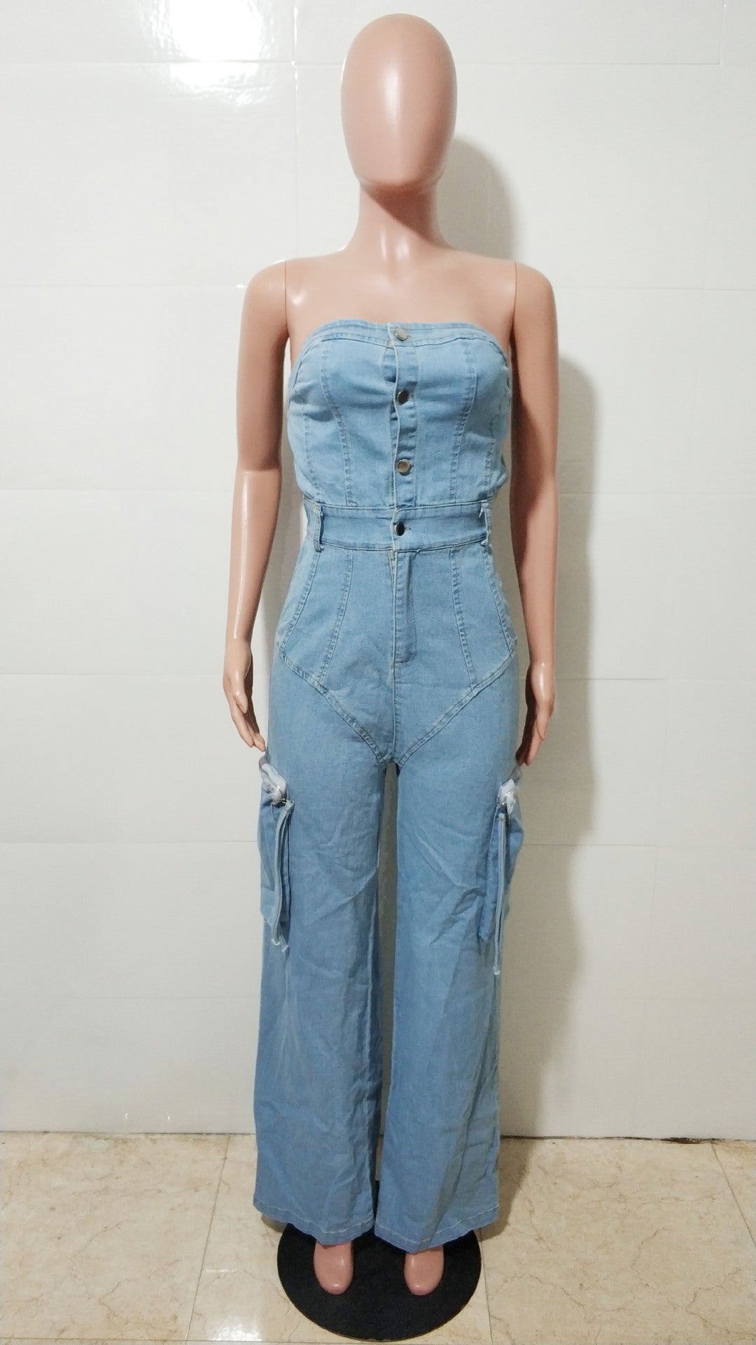 Casual Stylish Strapless Women’s Pockets Cargo Denim Jumpsuit 6