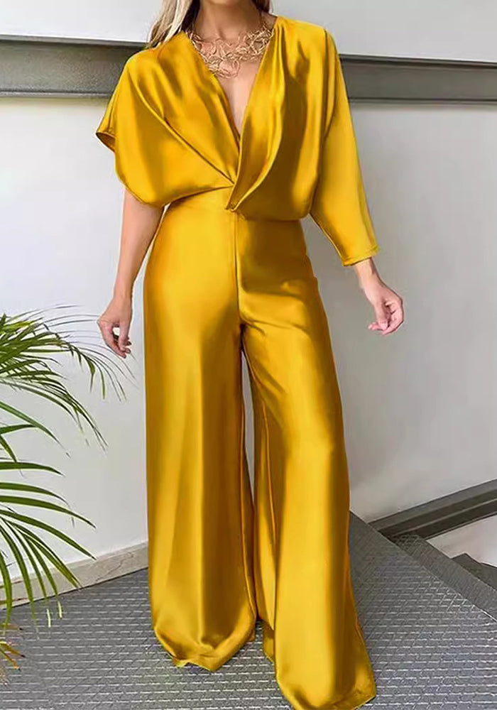 Plus Size Solid Color Satin V-Neck Loose Jumpsuit