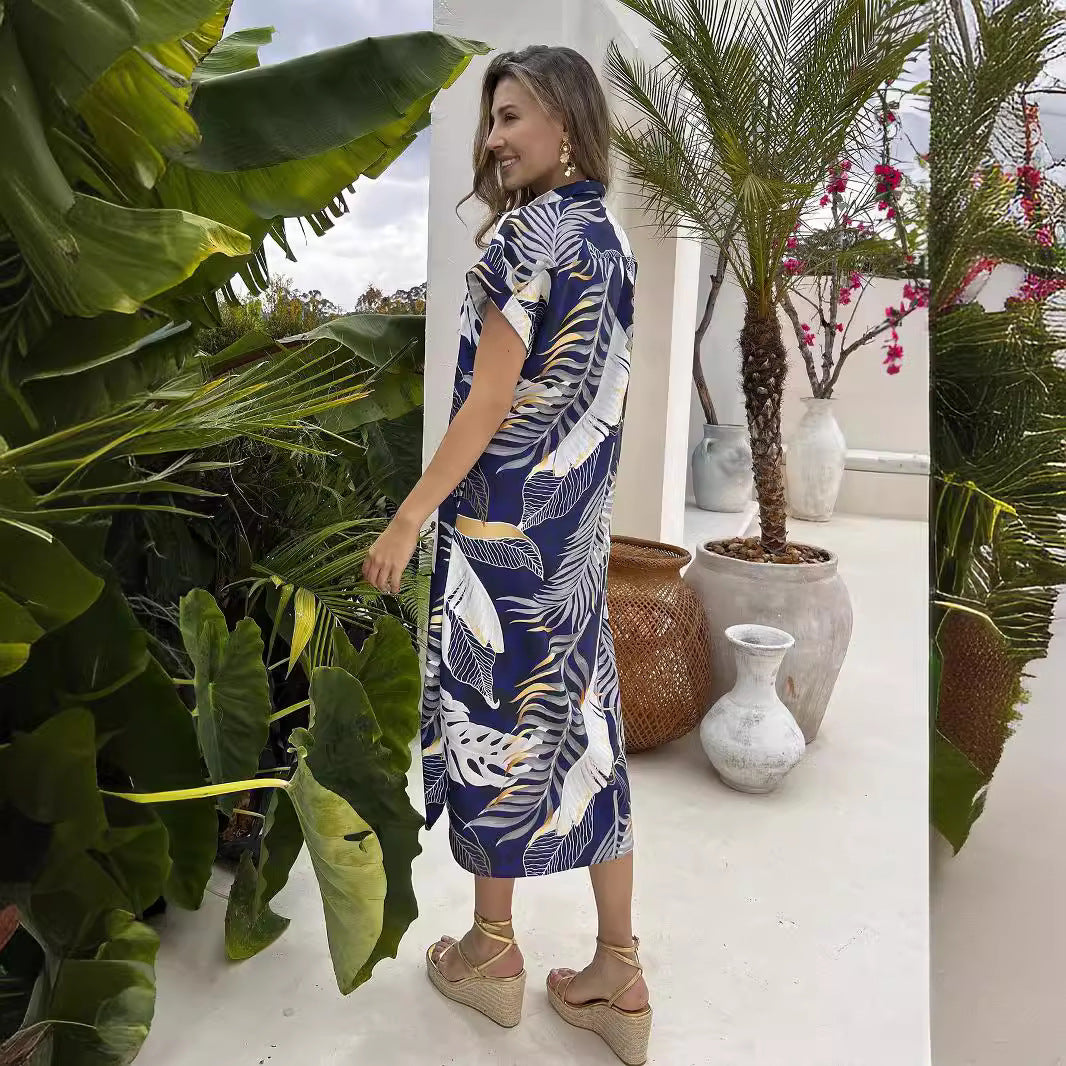 Women Printed Short Sleeve Beach Casual Shirt Long Dress 4