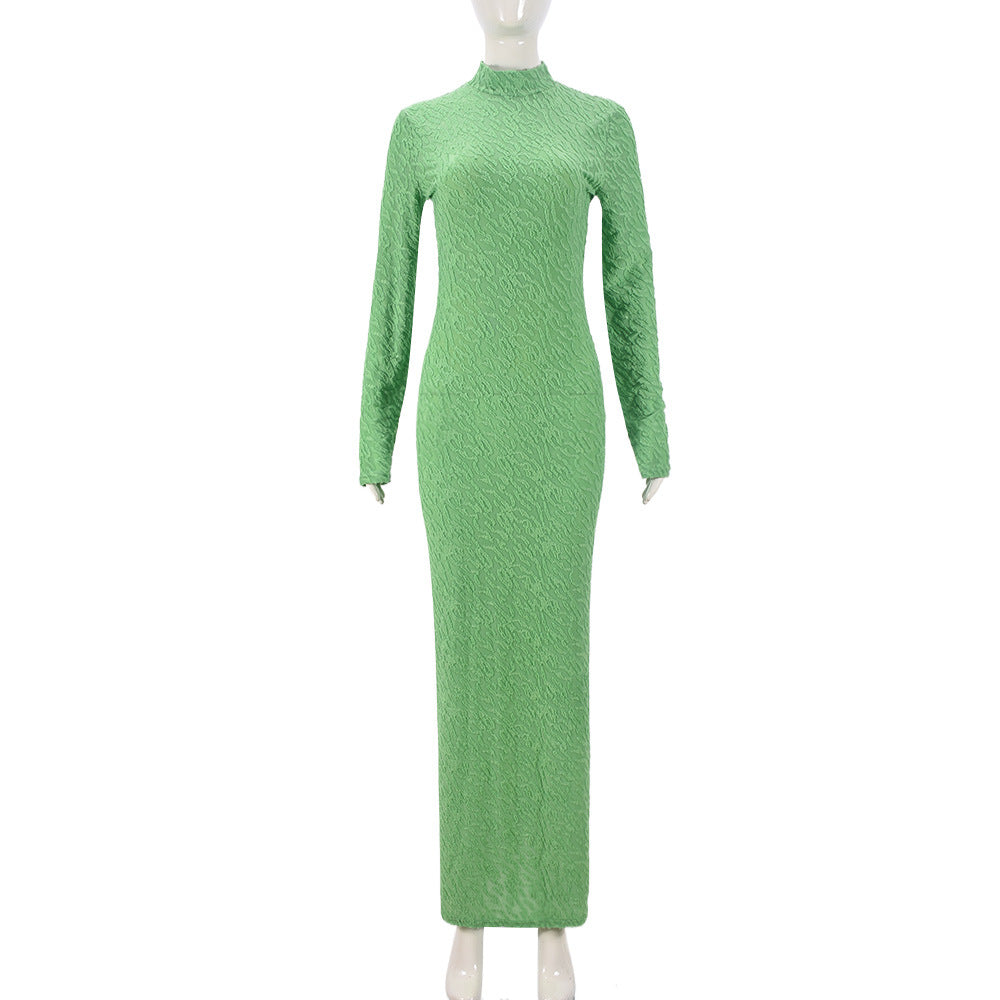 Autumn Round Neck Long Sleeve Flocking Slim Women Dress 8