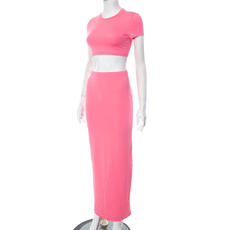 Women's Spring Solid Short Sleeve Crop Two Piece Skirt Set 41